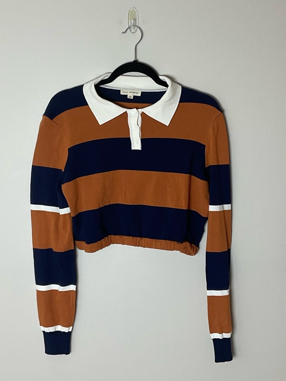LA Hearts Cropped Rugby Polo Top Navy Brown Preppy Streetwear Retro Y2K Sporty